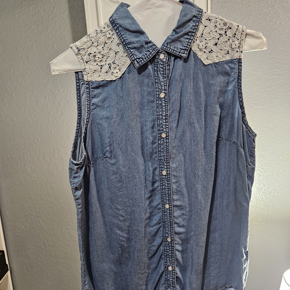 Sleeveless Denim Top with Lace Shoulders